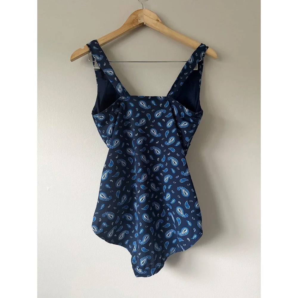 Lands End Womens Navy Blue Paisley Ruched One Piece Swimsuit Size 8‎ V-Neck